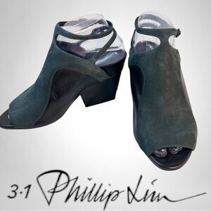 3-1 PHILLIP LIM Black Leather Grey Nubuck Open Toe Heels Size 5.5